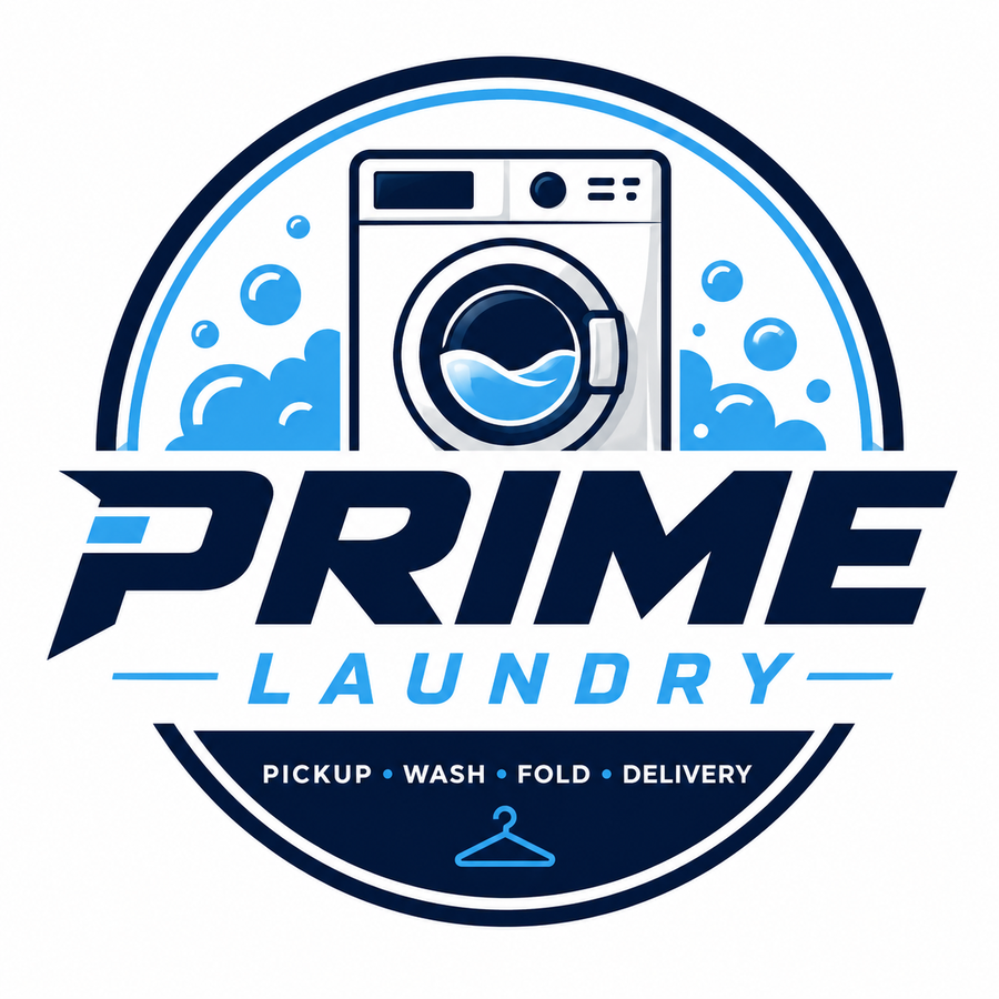Prime Laundry logo: a washing machine inside a navy and blue badge